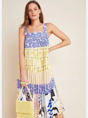 Anthropologie Blue, Yellow & White Patterned Pleated Midi Dress